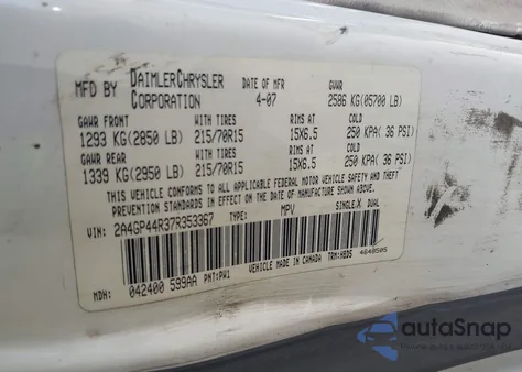 2007 Chrysler Town & Country Lx z USA, uszkodzony, nr VIN 2A4GP44R37R353367